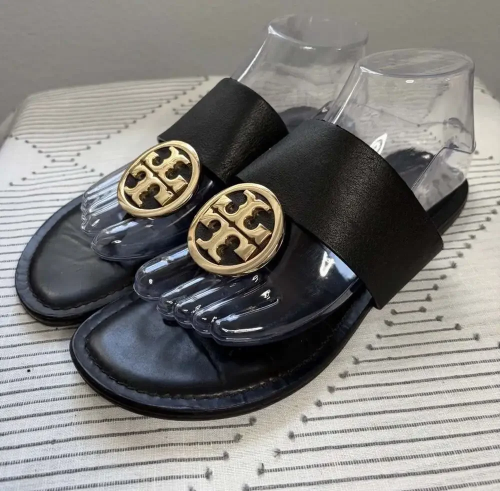 Tory Burch Benton Band black Calf Leather Flat Thong Slip On Sandals Size 9 M